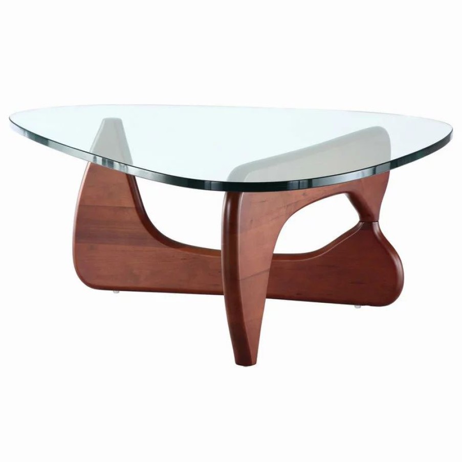 Coffee & Accent Tables * | Interior Modern Abstract Triangle Glass Top Modern Coffee Table Wooden Base, Cherry