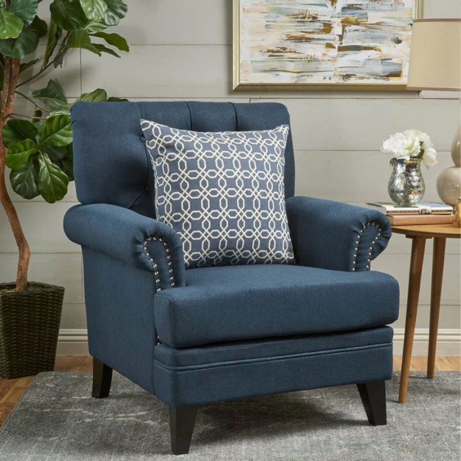 Chairs * | Gdfstudio Gdf Studio Arielle Plush Tufted Back Fabric Club Armchair, Navy Blue