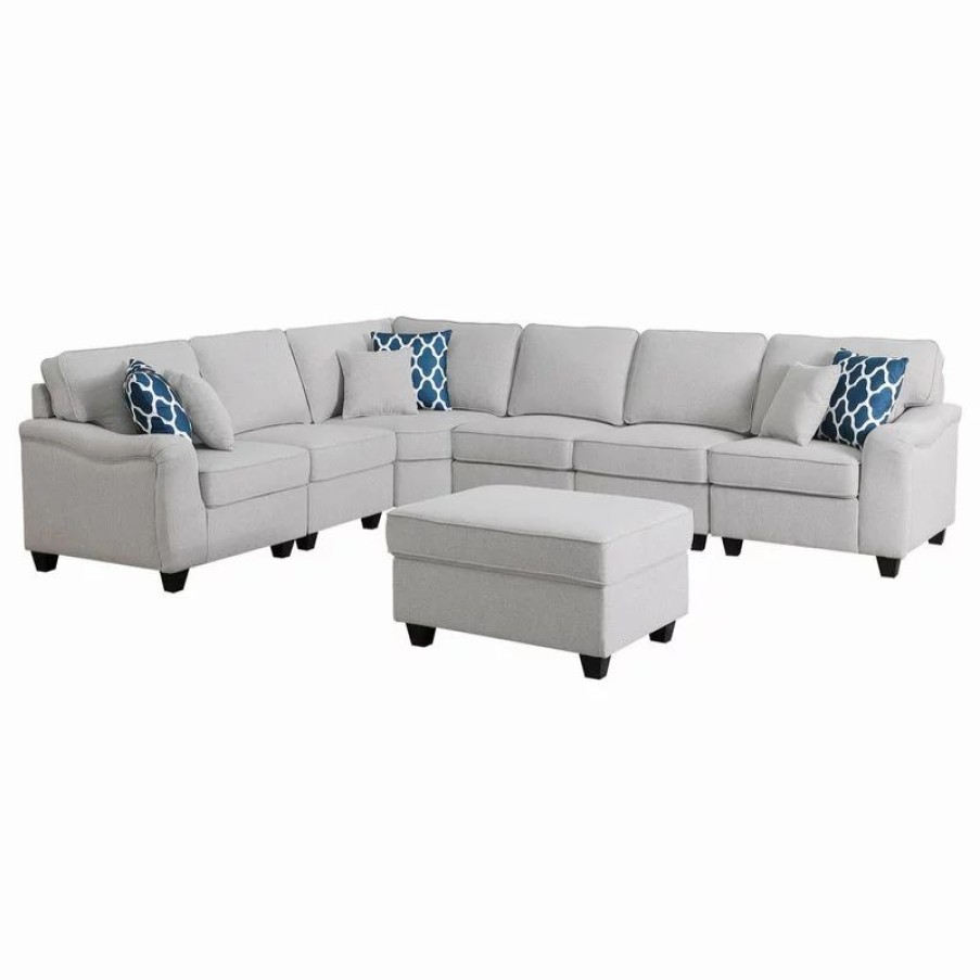 Sofas & Sectionals * | Lilola Home Leo Light Gray Linen Fabric 7Pc Modular L-Shape Sectional Sofa And Ottoman