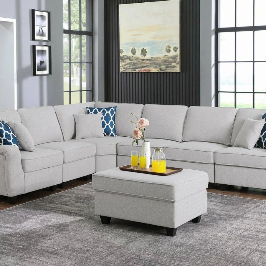 Sofas & Sectionals * | Lilola Home Leo Light Gray Linen Fabric 7Pc Modular L-Shape Sectional Sofa And Ottoman