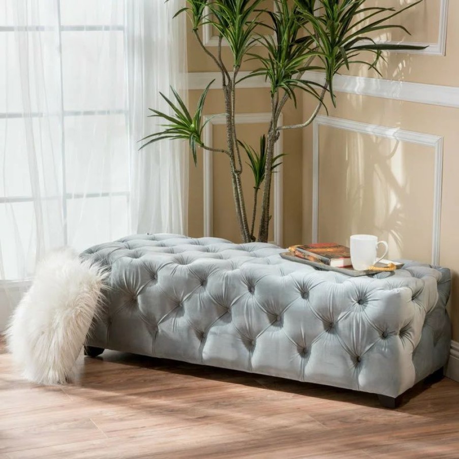 Footstools & Ottomans * | Gdfstudio Gdf Studio Provence Tmodern Glam Tufted Velvet Ottoman Bench, Light Gray