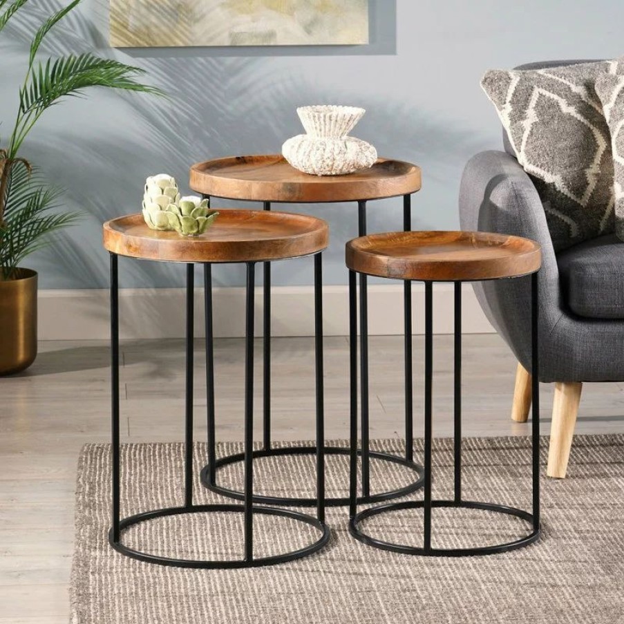 Coffee & Accent Tables * | Gdfstudio Colwill Modern Industrial Handcrafted Mango Wood Nested Side Tables (Set Of 3)