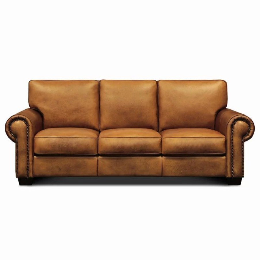 Sofas & Sectionals * | Hello Sofa Home Valencia 100% Top Grain Hand Antiqued Leather Traditional Sofa, Tan