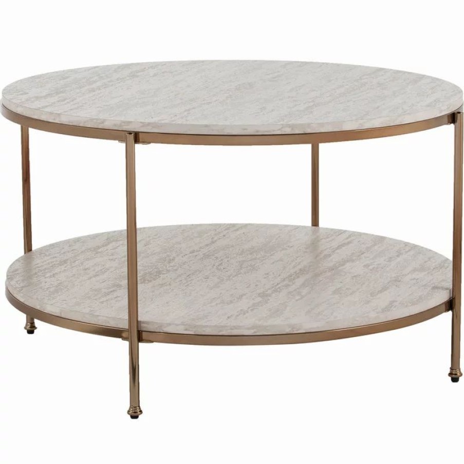 Coffee & Accent Tables * | Sei Furniture Silas Round Faux Stone Cocktail Table Champagne With Faux Travertine