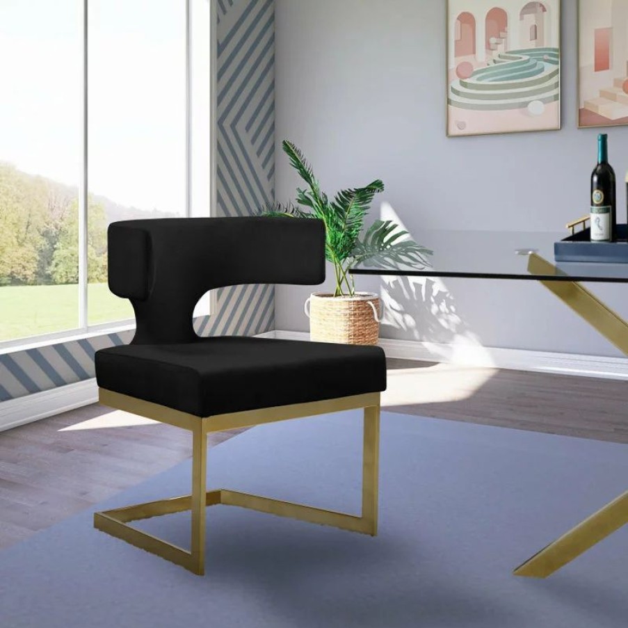Chairs * | Mod The Eve Dining Chair, Black And Gold, Velvet And Metal