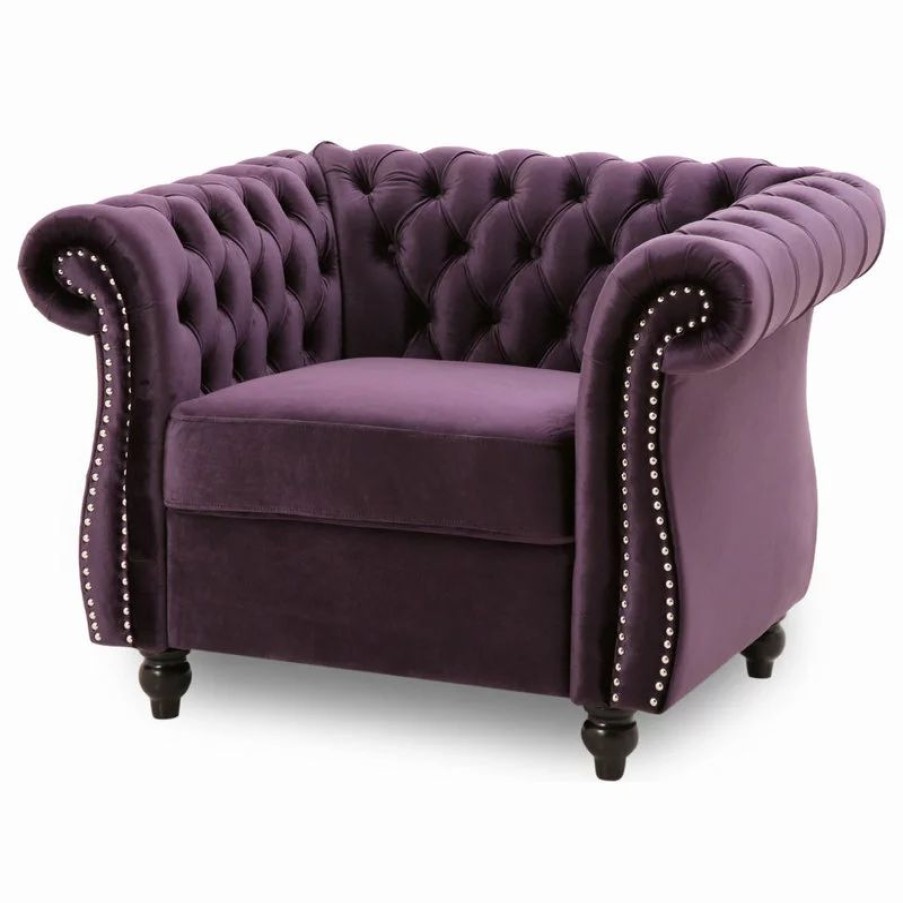 Chairs * | Gdfstudio Leila Chesterfield Velvet Club Chair, Blackberry, Dark Brown