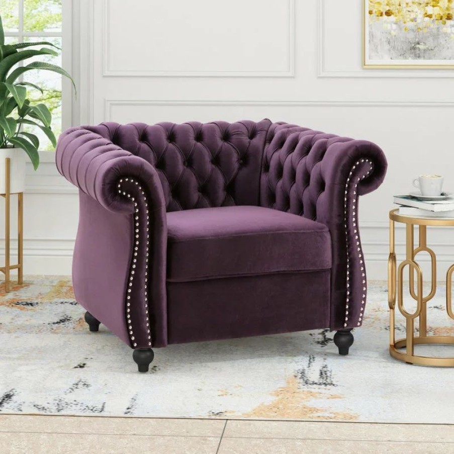 Chairs * | Gdfstudio Leila Chesterfield Velvet Club Chair, Blackberry, Dark Brown