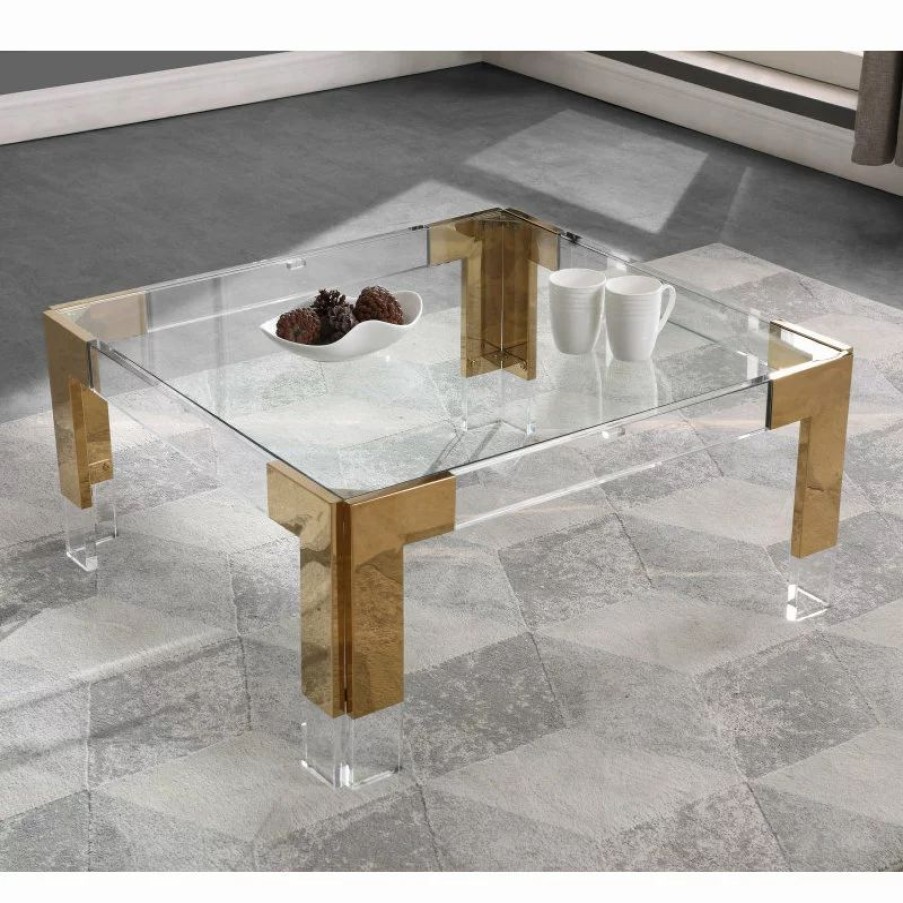 Coffee & Accent Tables * | Meridian Furniture Casper Glass Top, Stainless Steel And Acrylic Coffee Table, Gold, Square