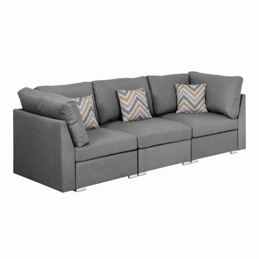 Sofas & Sectionals * | Lilola Home Amira Gray Linen Fabric Sofa Couch With Accent Pillows