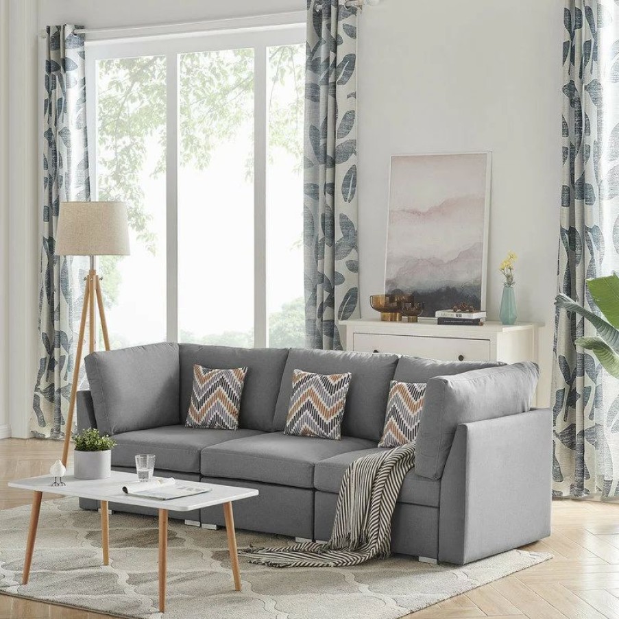 Sofas & Sectionals * | Lilola Home Amira Gray Linen Fabric Sofa Couch With Accent Pillows