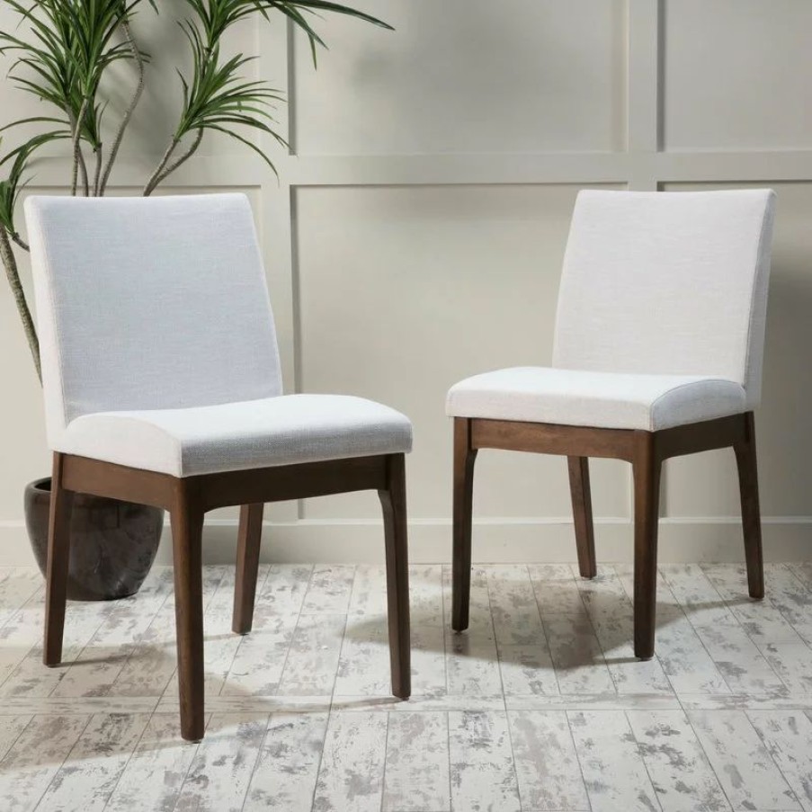Chairs * | Gdfstudio Oceanna Mid Century Modern Dining Chairs, Set Of 2, Light Beige/Walnut, Fabric