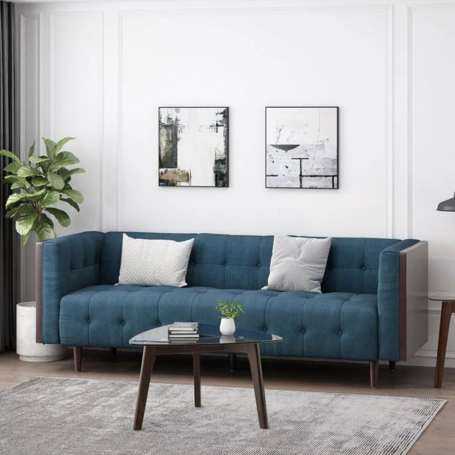 Sofas & Sectionals * | Gdfstudio Croton Contemporary Tufted 3 Seater Sofa, Navy Blue + Brown
