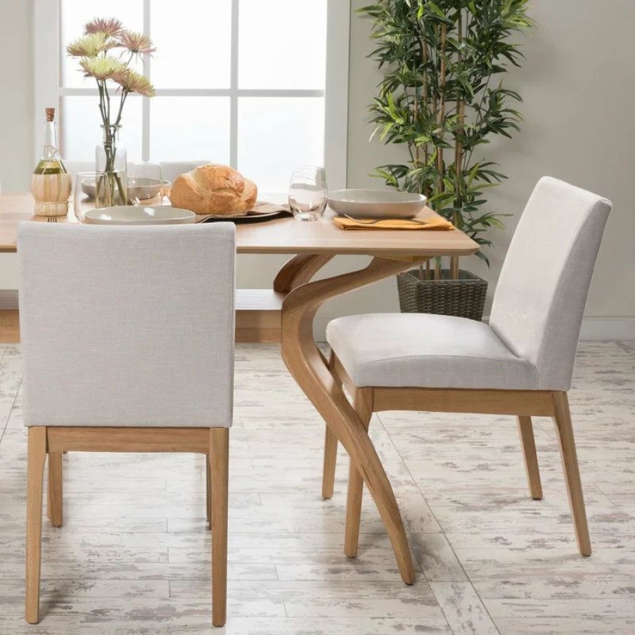 Chairs * | Gdfstudio Oceanna Mid Century Modern Dining Chairs, Set Of 2, Light Beige/Oak, Fabric