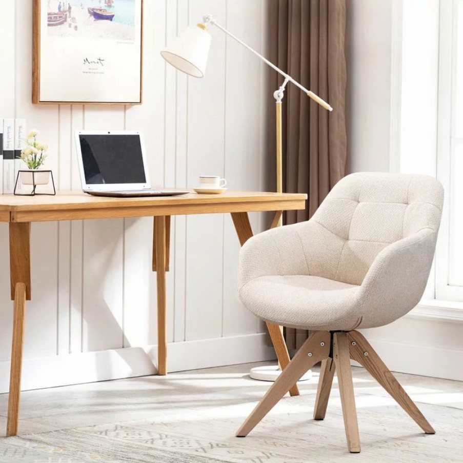 Chairs * | Kinwell Swivel Desk Chair No Wheels Upholstered Dining Chair Armchair, Beige