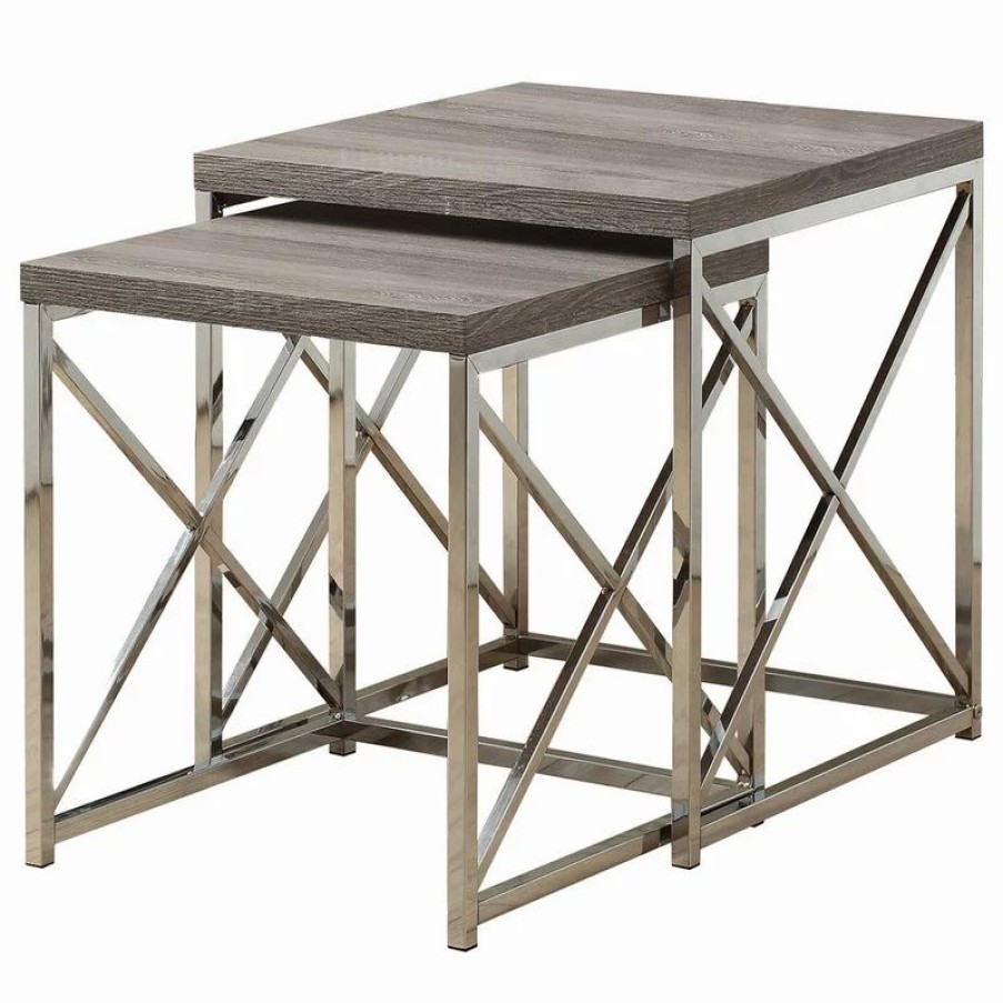 Coffee & Accent Tables * | Monarch Specialties Nesting Table Set Of 2 Side End Metal Accent Metal Laminate Brown Chrome