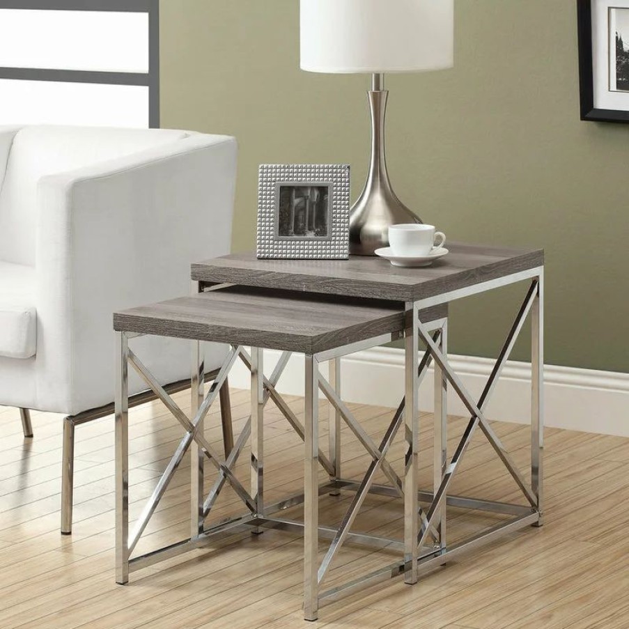 Coffee & Accent Tables * | Monarch Specialties Nesting Table Set Of 2 Side End Metal Accent Metal Laminate Brown Chrome