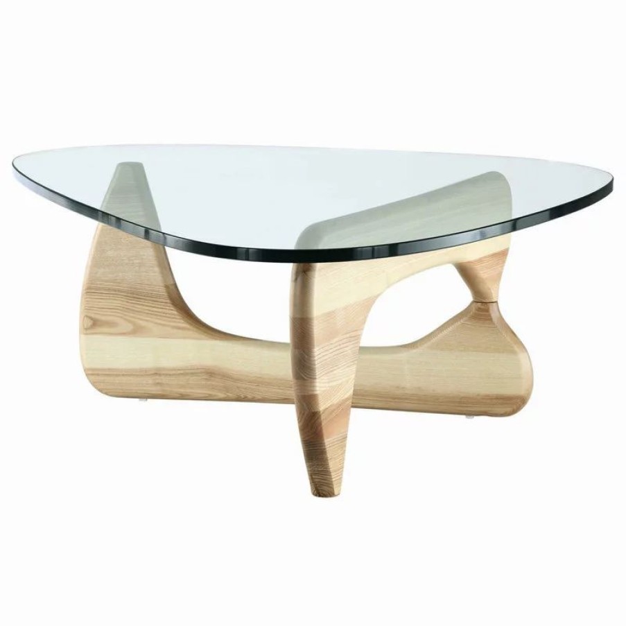 Coffee & Accent Tables * | Interior Modern Abstract Triangle Glass Top Modern Coffee Table Wooden Base, Natural
