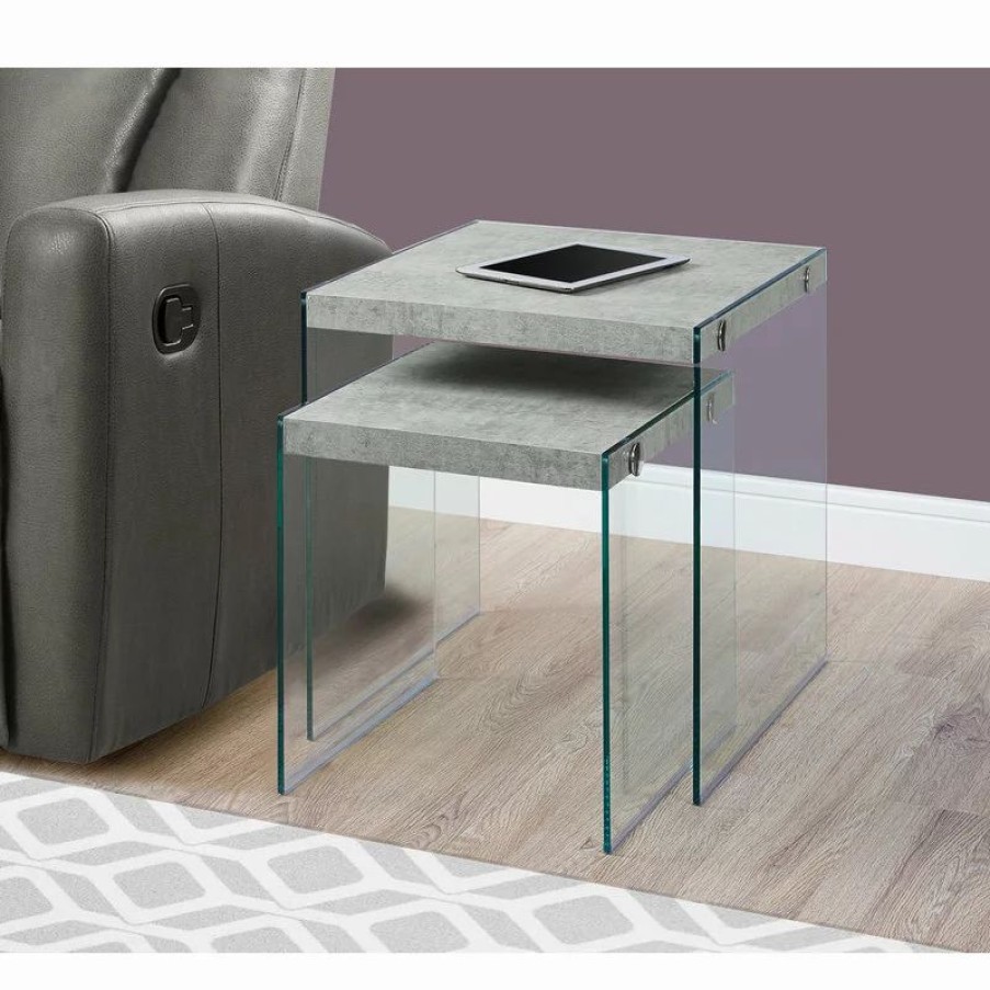 Coffee & Accent Tables * | Monarch Nesting Table Set Of 2 Side End Accent Bedroom Tempered Glass Grey