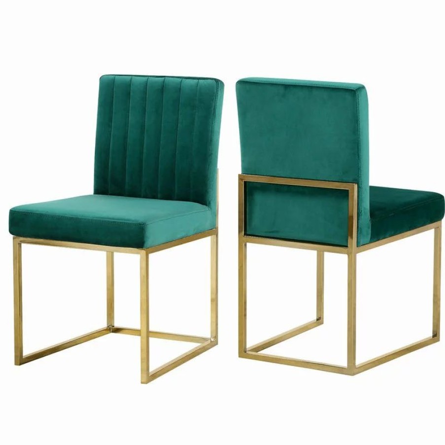 Chairs * | Mod The Dice Dining Chair, Green, Velvet, Gold Base, Set Of 2