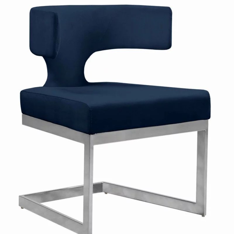 Chairs * | Mod The Eve Dining Chair, Navy And Chrome, Velvet And Metal