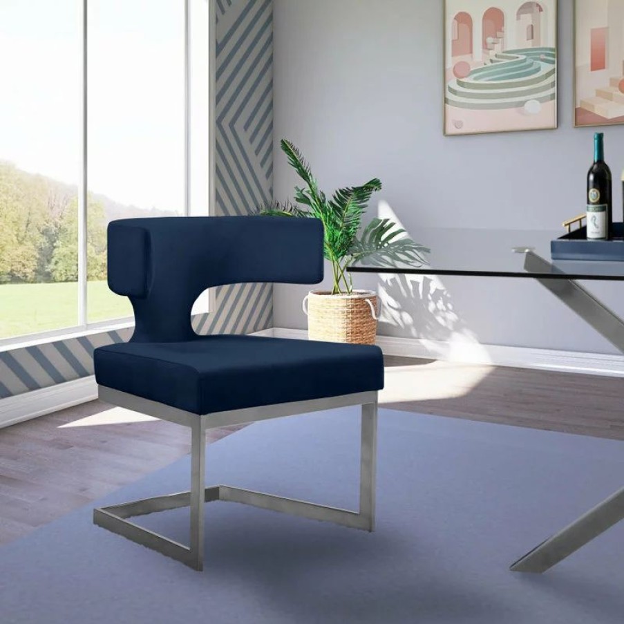 Chairs * | Mod The Eve Dining Chair, Navy And Chrome, Velvet And Metal