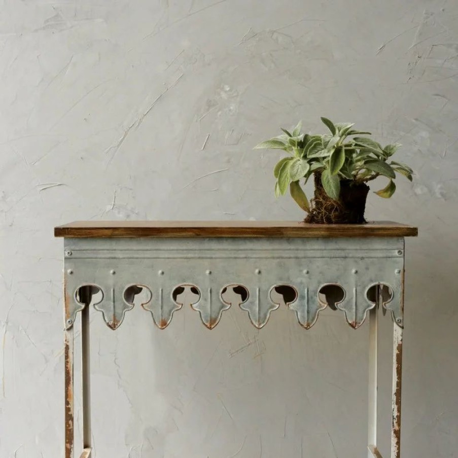 Console Tables * | Creative Co-Op Metal Scalloped Edge Table With Wood Top, Brown