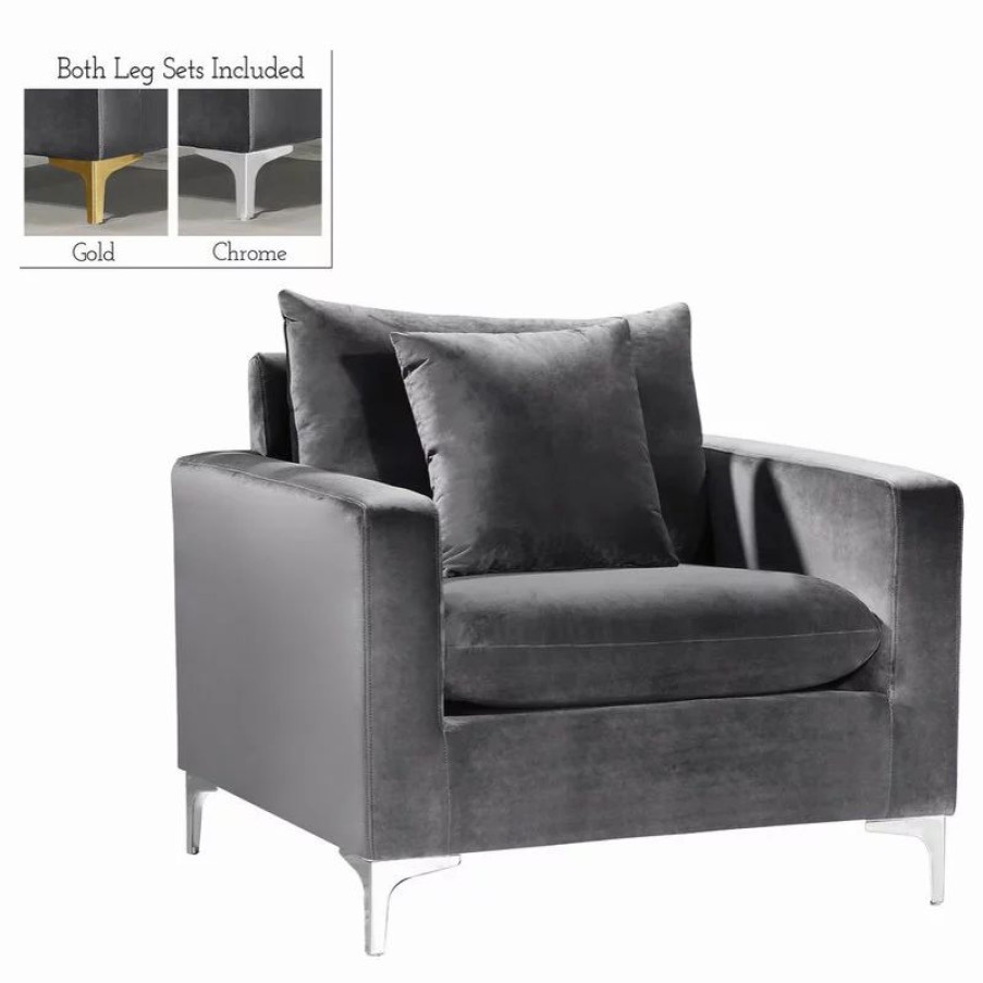 Chairs * | Meridian Furniture Naomi Velvet Chair, Gold And Chrome Leg Set, Gray