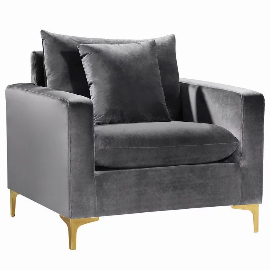 Chairs * | Meridian Furniture Naomi Velvet Chair, Gold And Chrome Leg Set, Gray