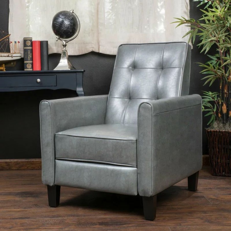 Chairs * | Gdfstudio Gdf Studio Elan Tufted Bonded Leather Recliner Chair, Dark Gray
