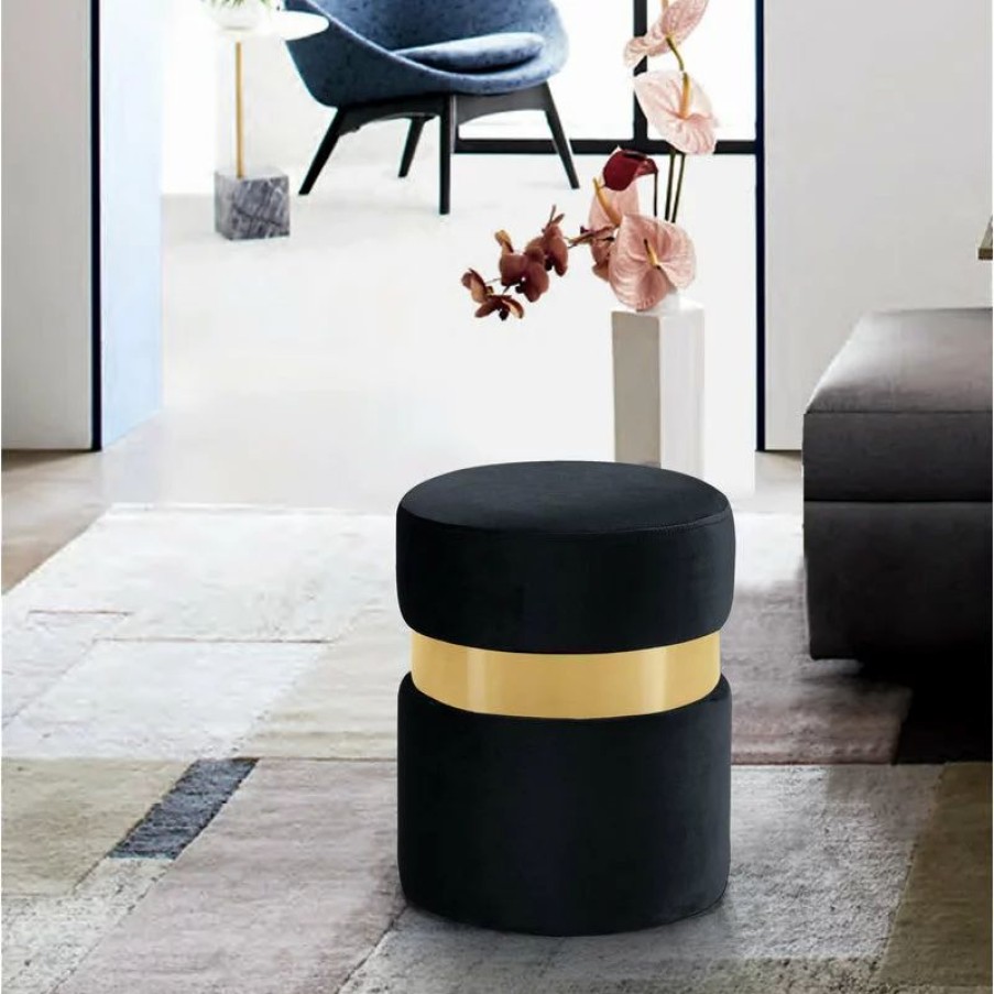 Footstools & Ottomans * | Meridian Furniture Hailey Velvet Ottoman/Stool, Gold Band, Black