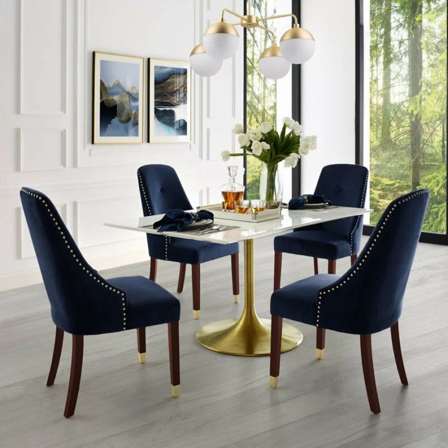 Chairs * | Mod The Grand Dining Chair, Set Of 2, Navy Blue Velvet/Goldtone