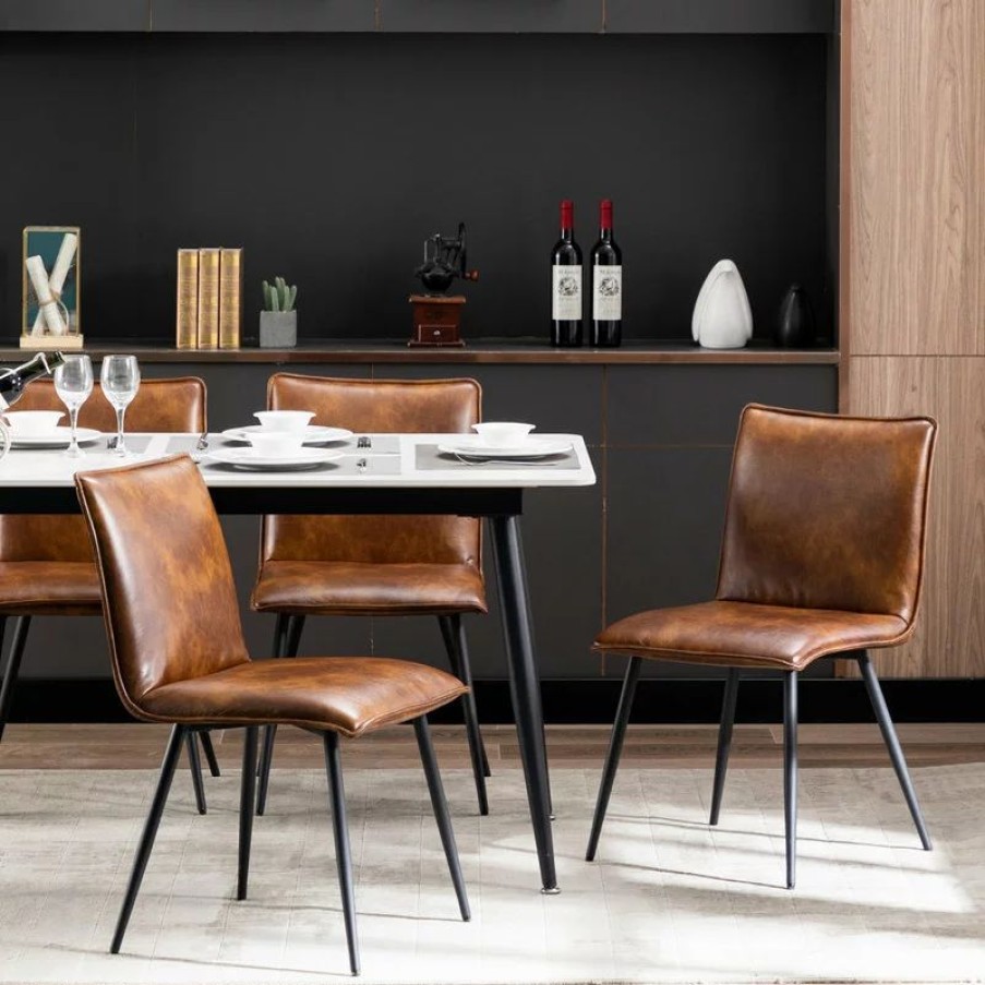 Chairs * | Duhome Elegant Lifestyle Set Of 4 Minimalist Faux Leather Side Chairs For Dining Room, Yellowish-Brown