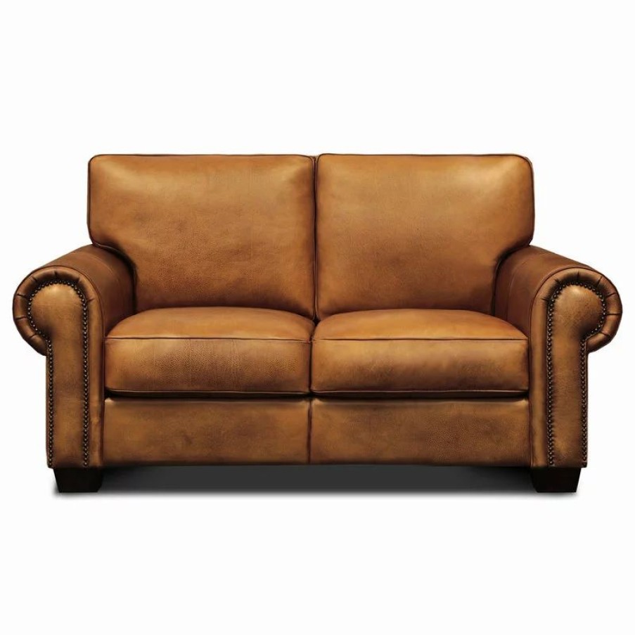 Sofas & Sectionals * | Hello Sofa Home Valencia 100% Top Grain Hand Antiqued Leather Traditional Loveseat, Tan