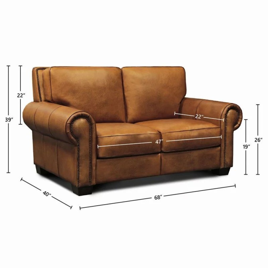 Sofas & Sectionals * | Hello Sofa Home Valencia 100% Top Grain Hand Antiqued Leather Traditional Loveseat, Tan