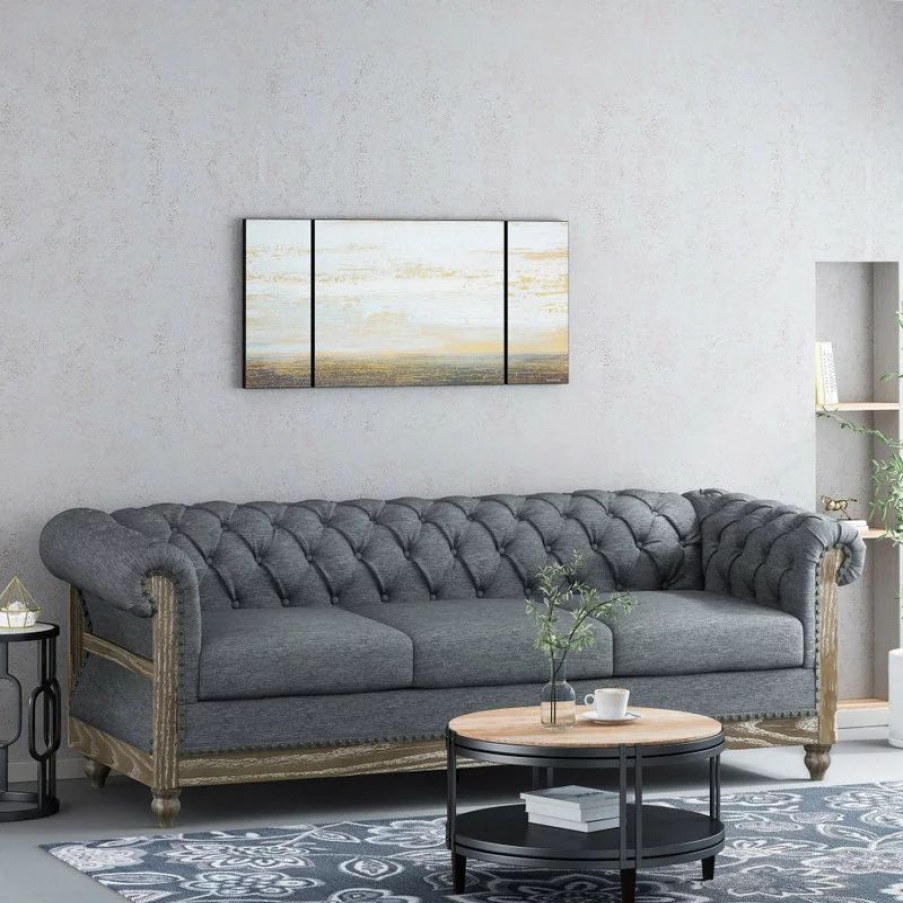 Sofas & Sectionals * | Gdfstudio Bowes Chesterfield Tufted 3 Seater Sofa With Nailhead Trim, Charcoal + Dark Brow