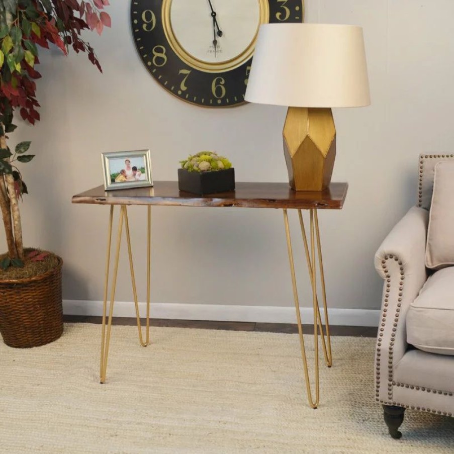 Console Tables * | Carolina Classics Seti Live Edge Console Table In Elm And Gold
