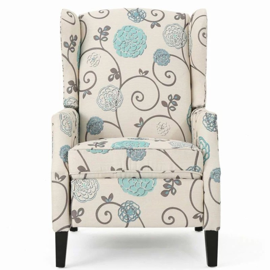 Chairs * | Gdfstudio Corbin Fabric Recliner, Set Of 2, White With Blue Floral And Dark Brown