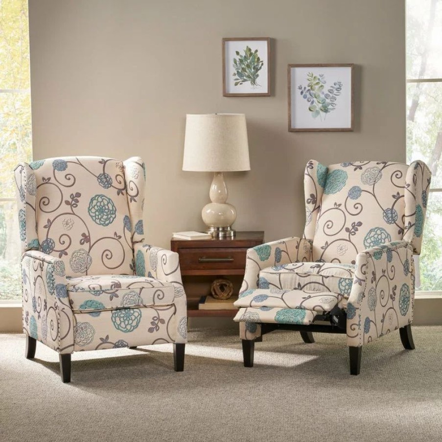 Chairs * | Gdfstudio Corbin Fabric Recliner, Set Of 2, White With Blue Floral And Dark Brown