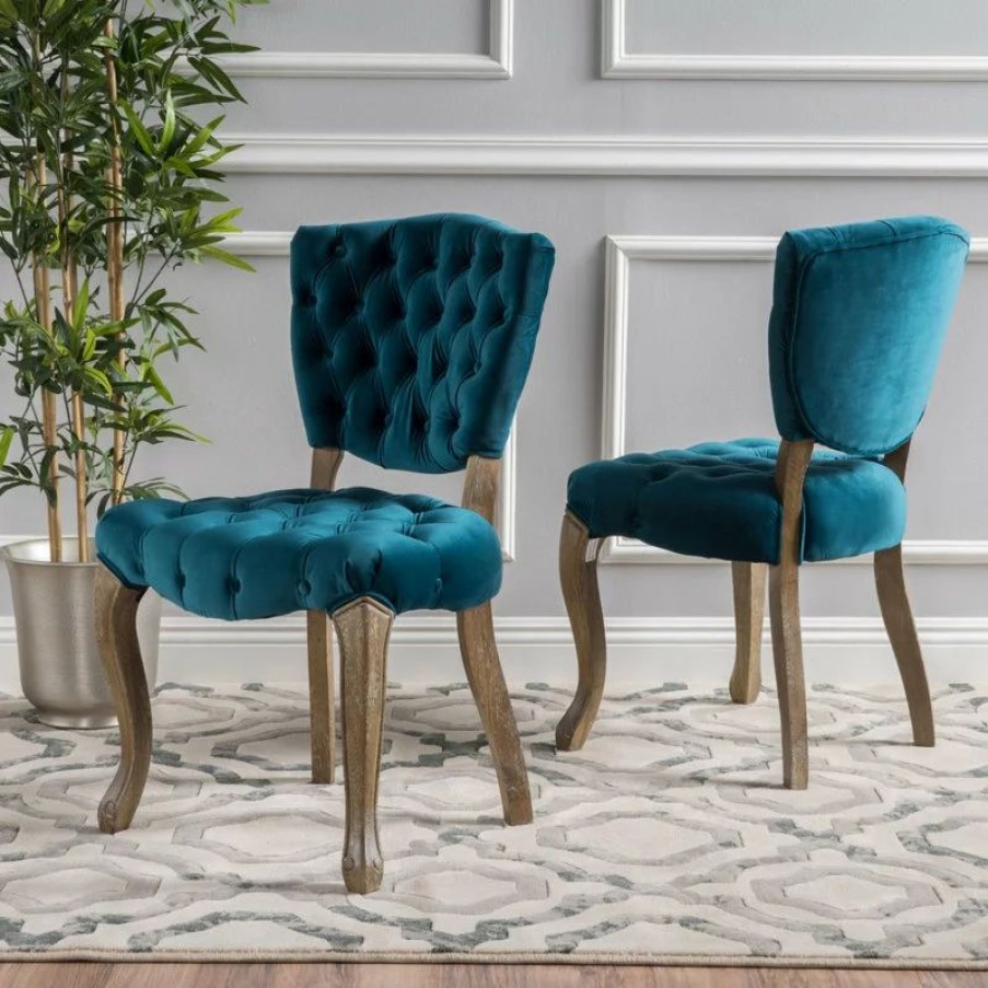 Chairs * | Gdfstudio Gdf Studio Elizabeth Tufted New Velvet Fabric Dining Chairs, Set Of 2, Dark Teal