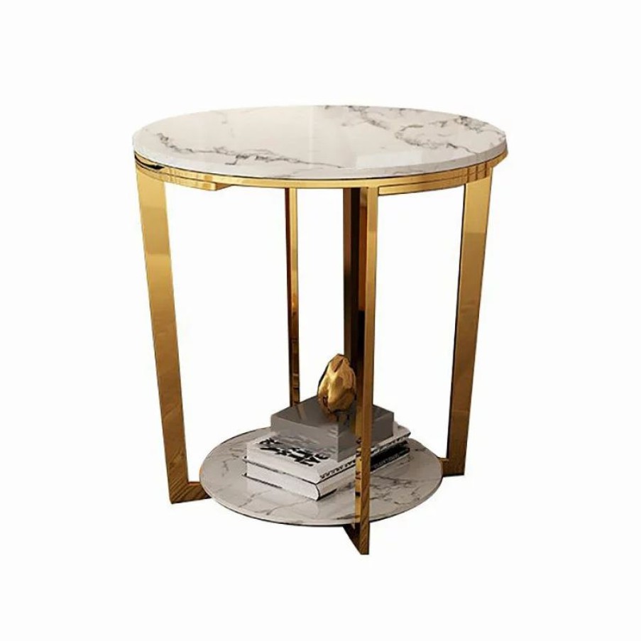 Coffee & Accent Tables * | Homary Faux Marble Round End Table For Living Room With Storage Shelf Gold
