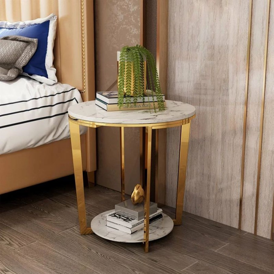 Coffee & Accent Tables * | Homary Faux Marble Round End Table For Living Room With Storage Shelf Gold