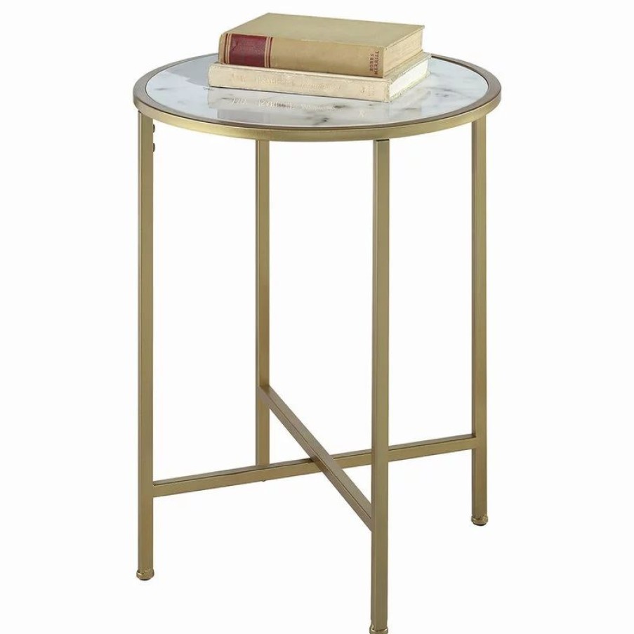 Coffee & Accent Tables * | Convenience Concepts Gold Coast Round Faux Marble Top End Table In Gold Metal