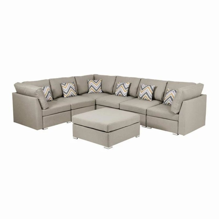 Sofas & Sectionals * | Lilola Home Amira Beige Fabric Reversible Modular Sectional Sofa With Ottoman And Pillows