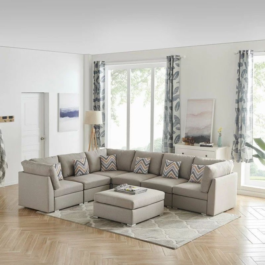 Sofas & Sectionals * | Lilola Home Amira Beige Fabric Reversible Modular Sectional Sofa With Ottoman And Pillows
