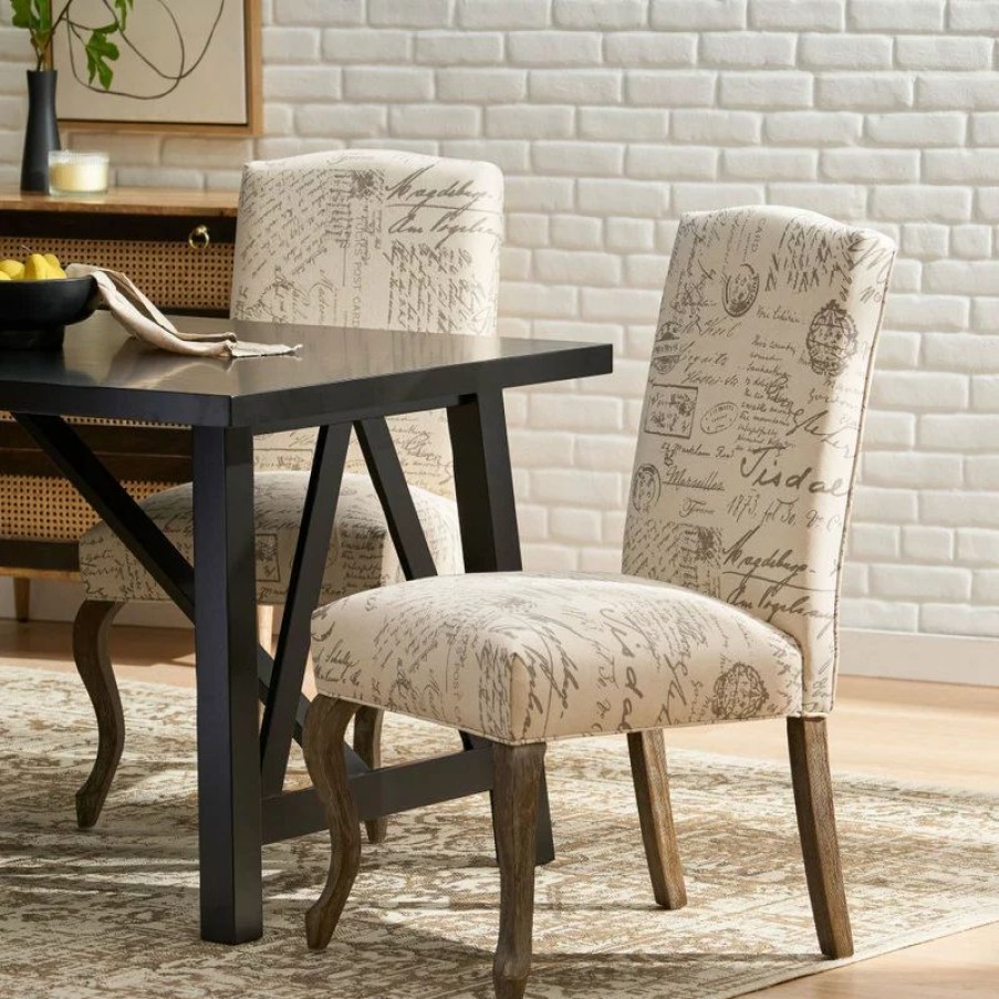 Chairs * | Gdfstudio Gdf Studio Crown Back French Script Beige Fabric Dining Chairs, Set Of 2