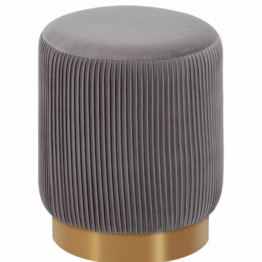 Footstools & Ottomans * | Duhome Elegant Lifestyle Round Pleated Golden Base Velvet Ottoman, Grey