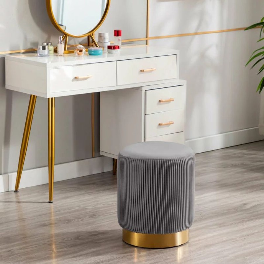 Footstools & Ottomans * | Duhome Elegant Lifestyle Round Pleated Golden Base Velvet Ottoman, Grey