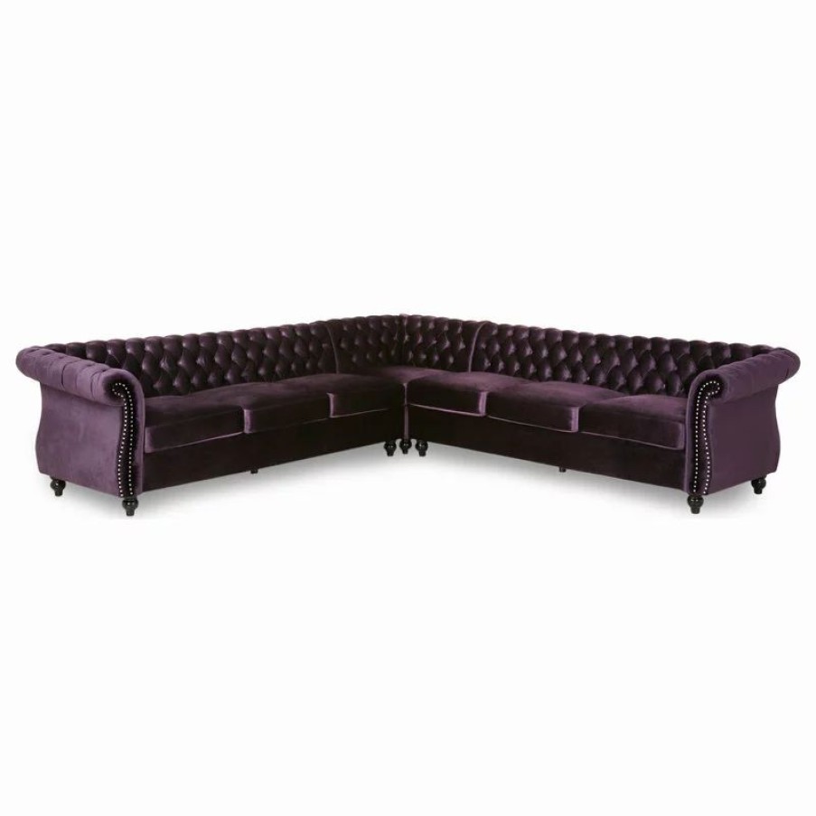 Sofas & Sectionals * | Gdfstudio Annabelle 7 Seater Velvet Tufted Chesterfield Sectional, Blackberry, Dark Brown