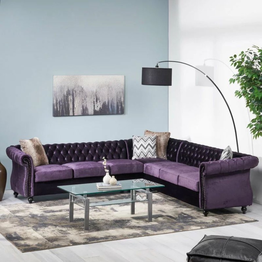 Sofas & Sectionals * | Gdfstudio Annabelle 7 Seater Velvet Tufted Chesterfield Sectional, Blackberry, Dark Brown