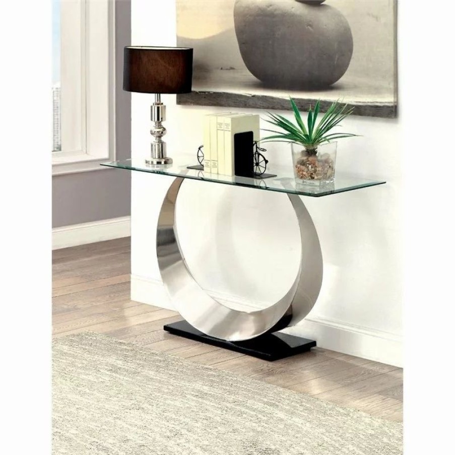 Console Tables * | Furniture Of America E-Commerce By Enitial Lab Furniture Of America Suse Glass Top Console Table In Silver Satin Plated